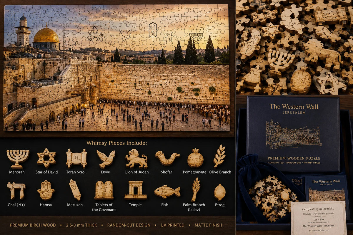 PAZ-EL Western Wall wooden puzzle development concept; final product and specifications subject to prototype approval.